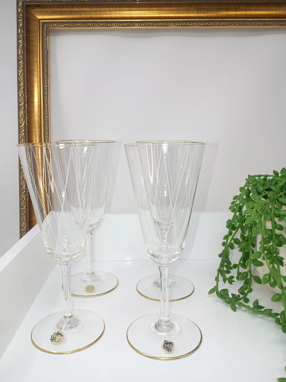 Set of 4 Gold-Trim Etched Crystal Wine Glasses